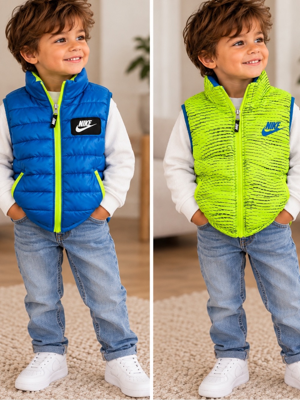 Nike Kids Reversible Puffer Vest Blue Volt Green Boys Size 4 XS